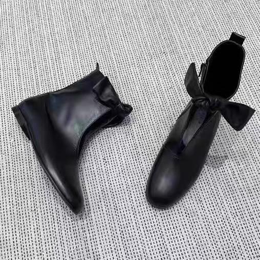 Cowhide Version~ 2025 New Korean Version Leather Round Head Bow Lace-up V-mouth Flat Bottom Casual Versatile Short Boots Women
