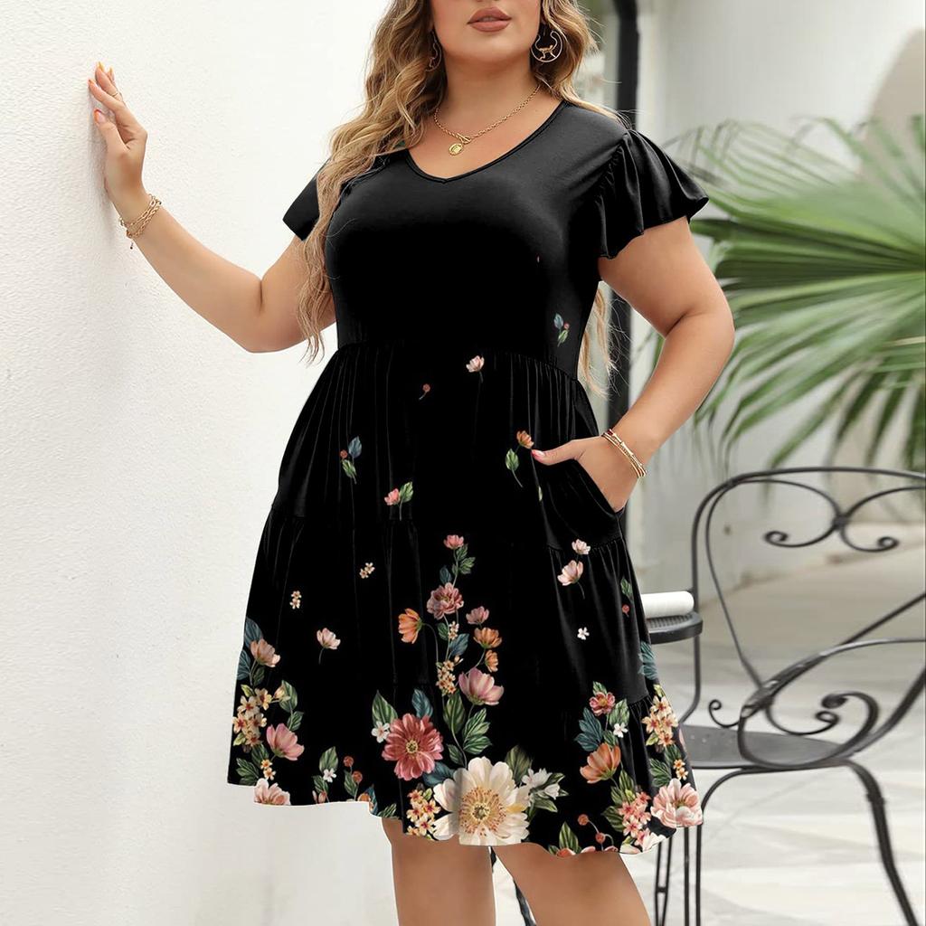 Plus Size Women's V-Neck Fashion Print Loose Comfortable Large Hem Dress