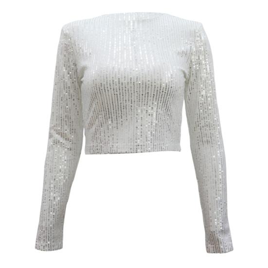Женские укороченные топы с круглым вырезом и длинным рукавом, украшенные пайетками, футболка свободного кроя