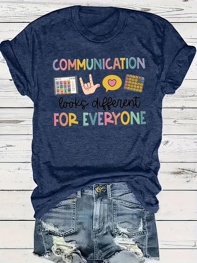 Letter & Pattern Print Crew Neck T-Shirt, Casual Short Sleeve Pullover T-Shirt For Every Day, Women's Clothing