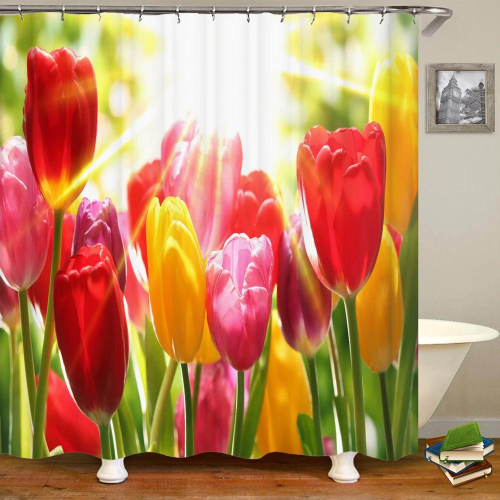 Тюльпан Роза Свежие цветы Шторы для душа Водонепроницаемая полиэфирная ткань 3D Печатный экран для ванной комнаты Украшение дома Занавеска для душа