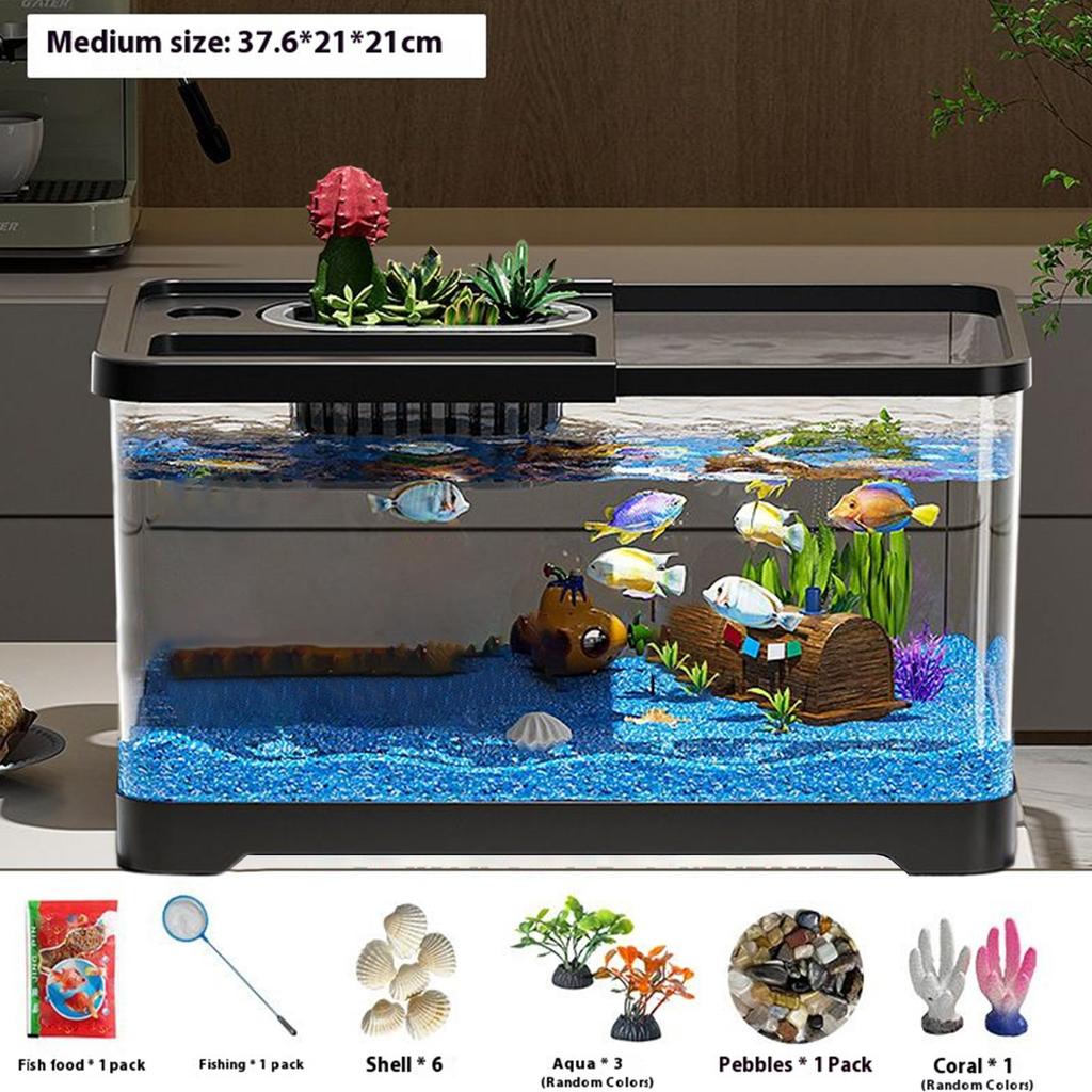 Small Fish Tank Acrylic Clear Desk Aquarium with Decor Accessories Fish Tank Starter Kits for Tabletop Living Room Studio Decor