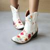 Women's Short Boots With Embroidered Flowers Pointed Toe And Thick Heels Oversized Western Boots With Plush Floral Inner Lining