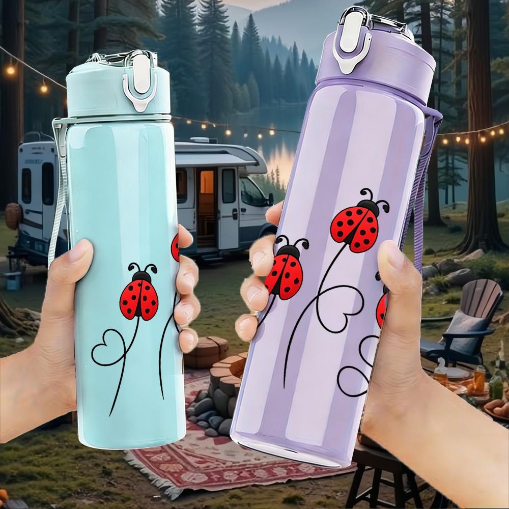 1PC Red Berry Rose Thin Line Art Print 750ml Color Plastic Sports Water Bottle Leakproof Flip Straw Lid Suitable for Sports Office Home Use
