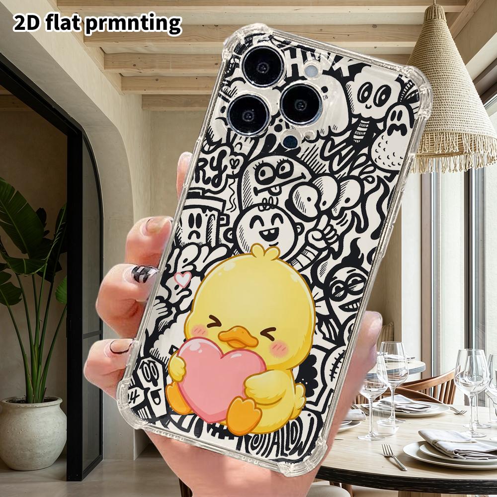 Phone Case: 2D flat suitable for iPhone 18 17 16 15 14 13 Pro, transparent four corner protective case, little yellow duck, Christmas and Halloween gi