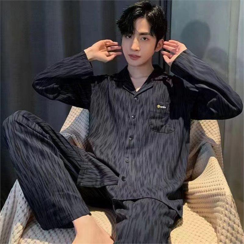 Мужской пижамный комплект из 100% хлопка с длинными рукавами, больших размеров, в стиле кардигана, на весну, осень и лето.
