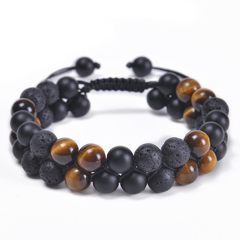 Men's Double-Layer Blue Tiger Eye & Black Agate Magnet Bracelet