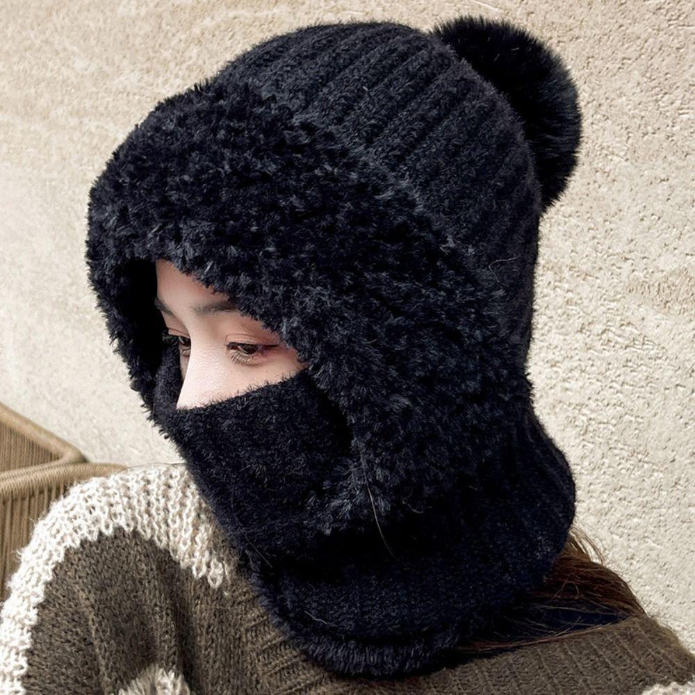 Plush Knitted Beanies Hat Solid Color Mask Neck Cover Set Fashion Balaclavas Hat Male