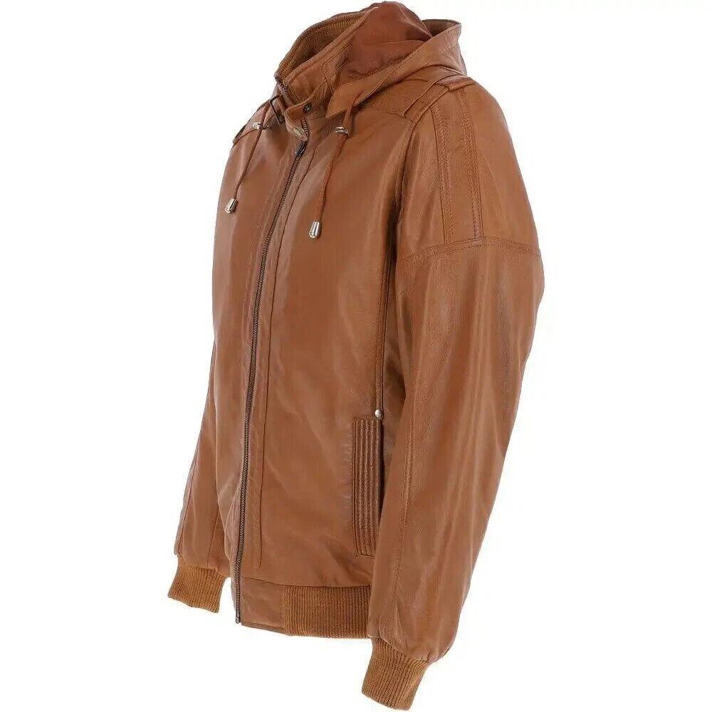 Handmade Leather Men Motorcycle Halloween Hooded Brown Festive Jacket Stylish Lambskin