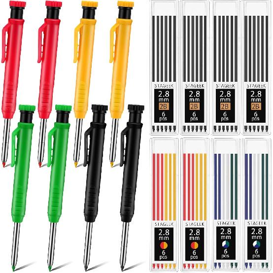 8 pack 2.8mm Mechanical Carpenter Pencils with 48 Refills, Construction Pencils with Built-in Sharpener, Long Nib Deep Hole Marker, Heavy Duty