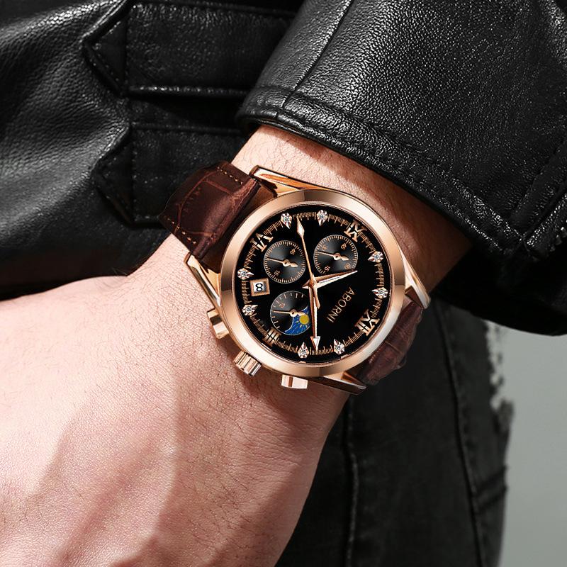 ABORNI Роскошные мужские наручные часы с хронографом, водонепроницаемые, светящиеся, мужские часы из кожи, высококачественные спортивные кварцевые часы для мужчин