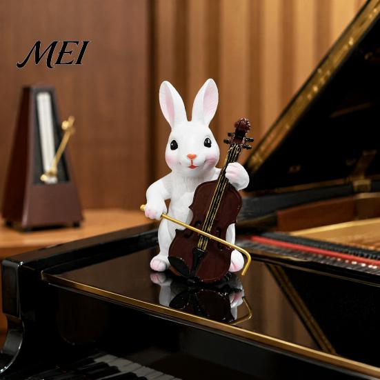 Hand Painted Resin Art Cute Rabbit Playing Violin Ornament, Synthetic Animal Figurine, Anthropomorphic Statue Realistic Sculpture, for Garden