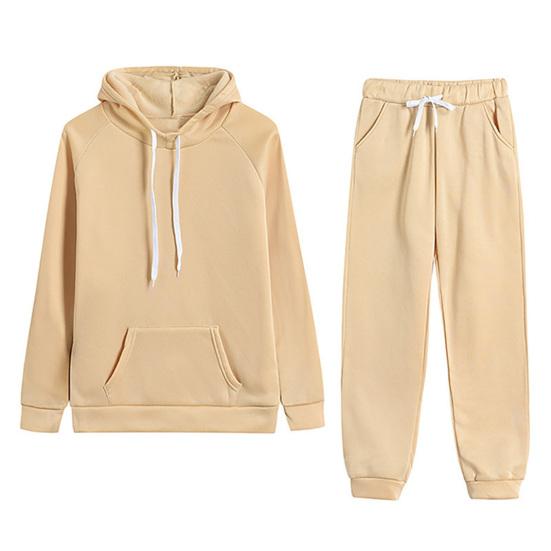 2 Pcs/Set Women Hoodie Pants Suit Solid Color Plush Long Sleeves Thick Top Elastic Waist Ankle-banded Trousers Sport Fitness