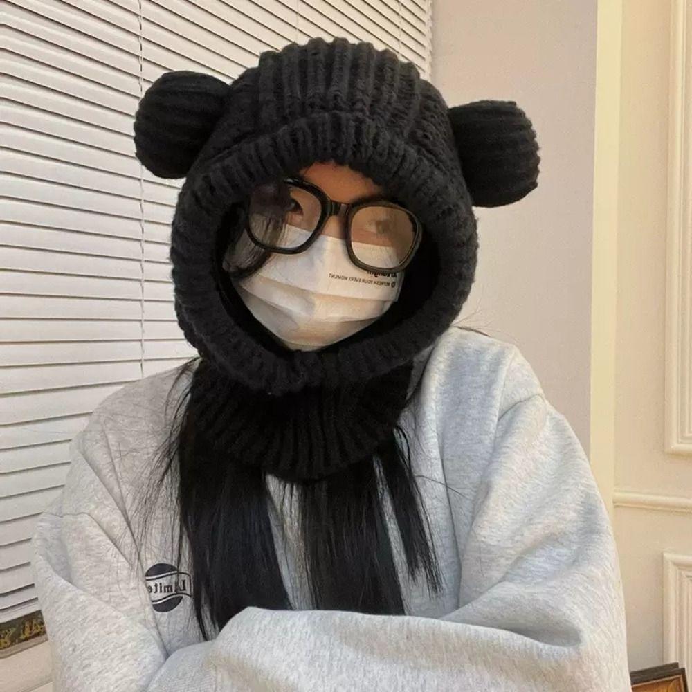 Bear Ear Knitted Hooded Beanie Hat Solid Color Pullover Hat Kawaii Balaclava Hat Female/Girls