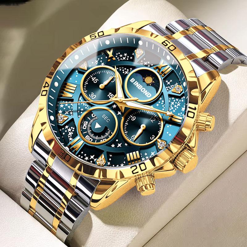 BINBOND Luxury Fashion Men Watches Multi-functional Stainless Steel Original Quartz Wristwatch Moon Phase Chronograph Waterproof