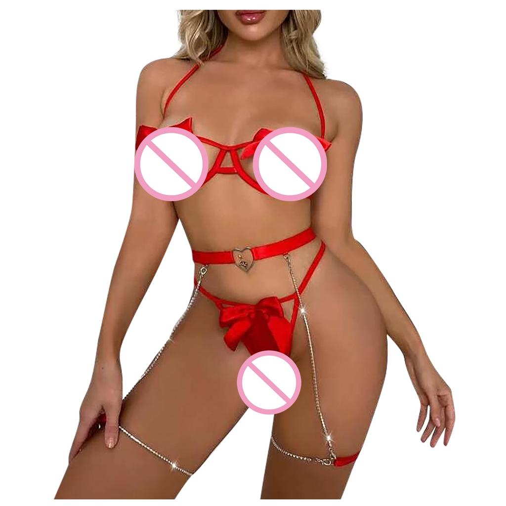 Женское сексуальное женское белье с ремешком и бантом, цепочка с открытой спиной, комплект из трех предметов
