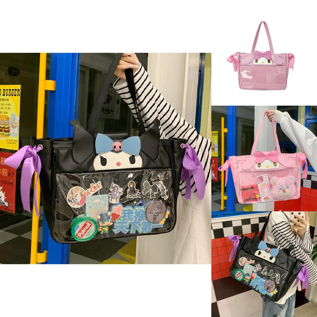 Kuromi My Melody Design Women Casual Tote Bag With Transparent Compartment For Everyday Outfits