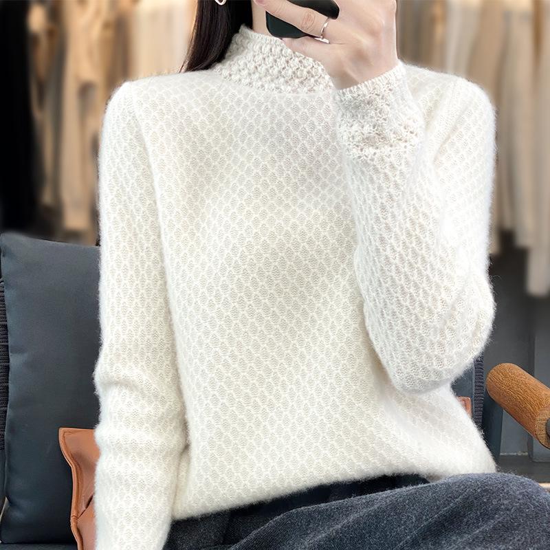 Women's Autumn Winter Thick Wool Sweater - Korean Style Half High Collar, Hollow Out Floral Design