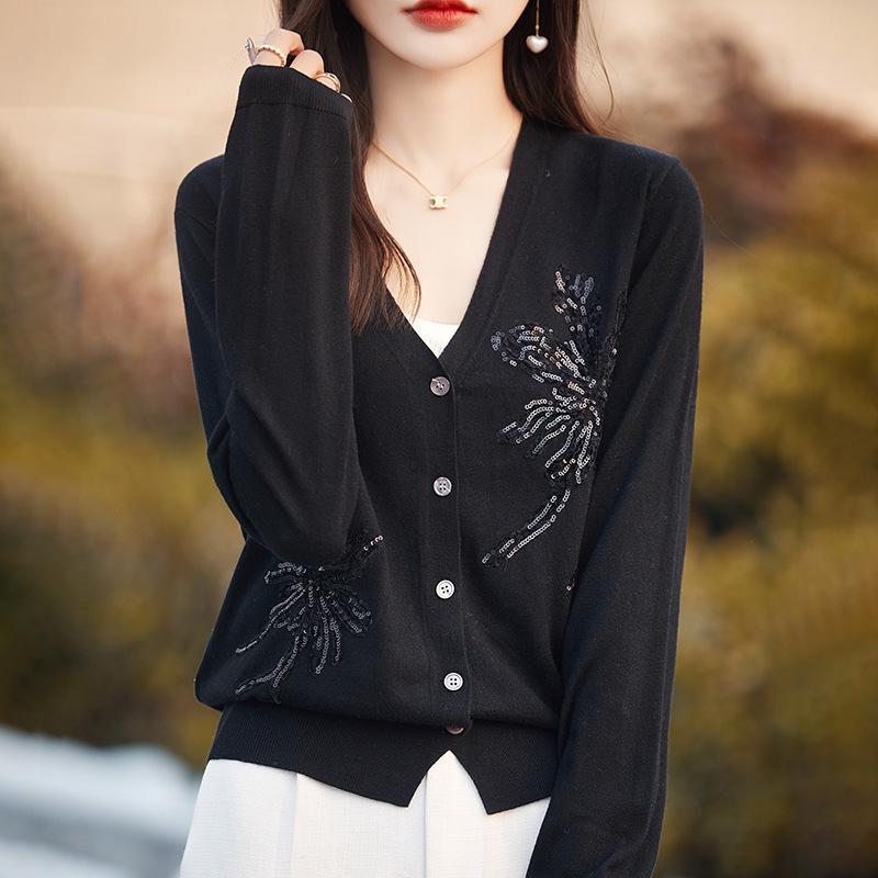 Весенне-осенний женский вязаный однотонный кардиган с блестками и v-образным вырезом
