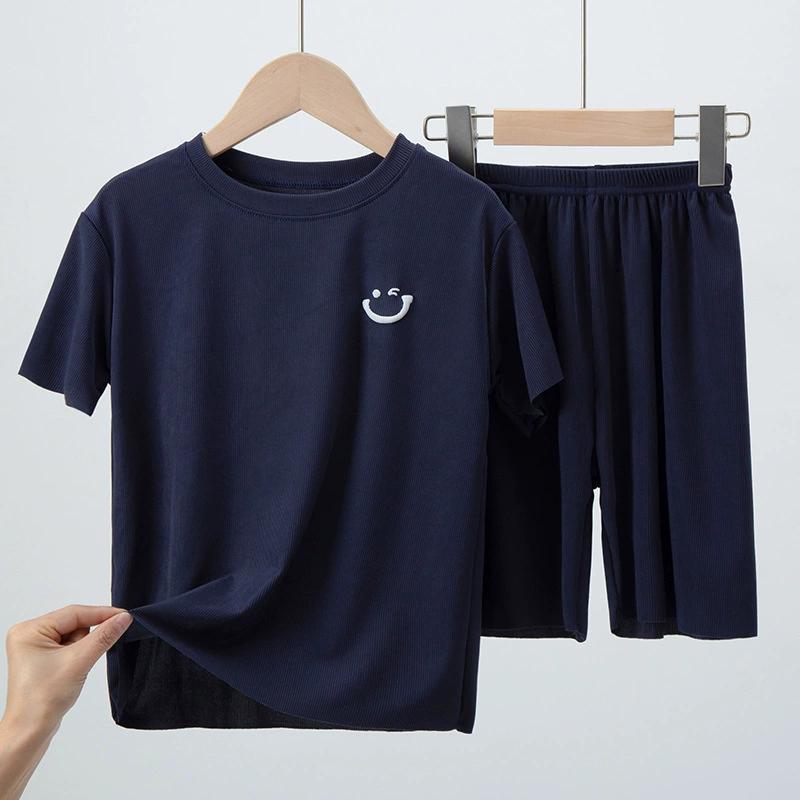 Children's Short-sleeved Suit T-shirt Ice Silk Big Children Girls Boys Baby Pajamas Summer Thin Two-piece Home Service