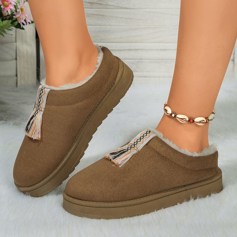 New Style Color-blocked Tassel Decorated Women's Shoes Winter Casual Flat Comfortable Warm Fashionable Short Boots Zapatos Mujer