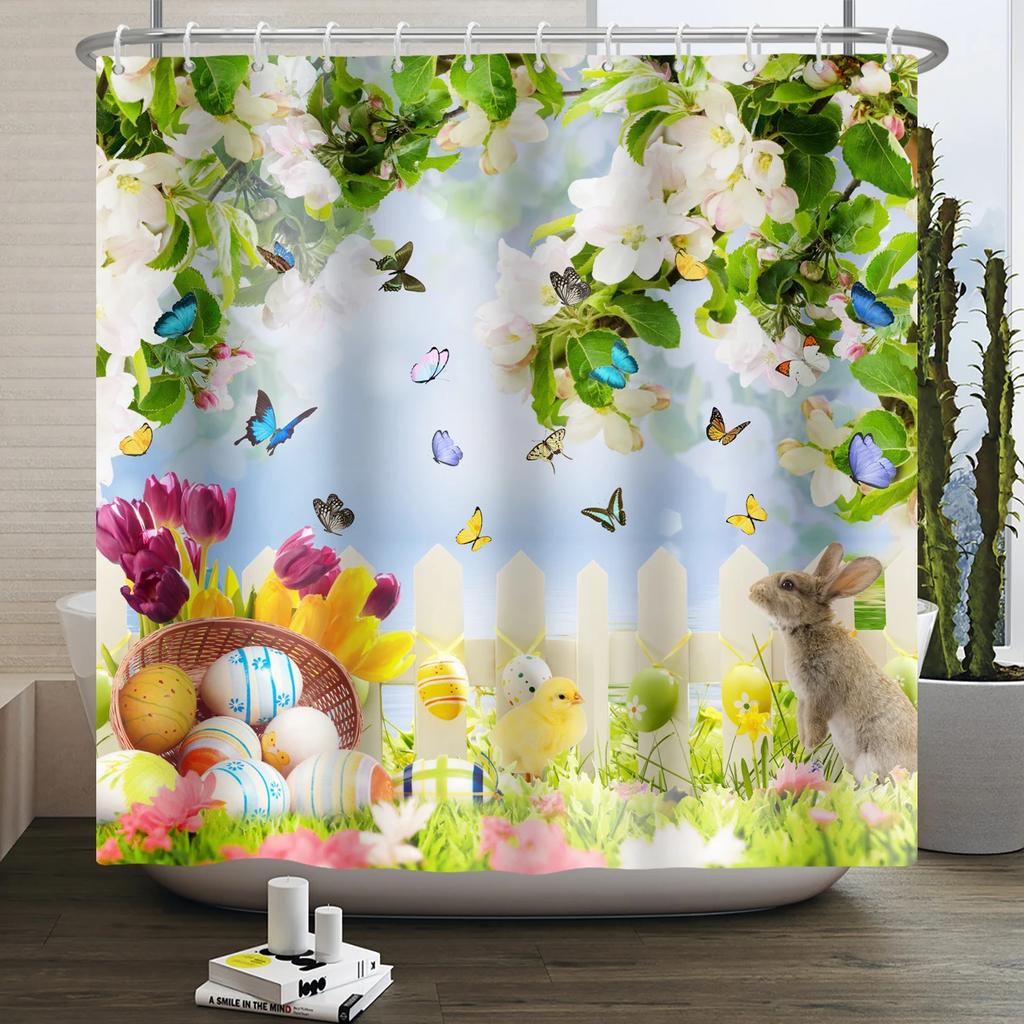 Весенняя Пасхальная Занавеска для душа Счастливый Кролик Кролик Яйца Цветочный Сад Цветочный Праздничный Водонепроницаемая Занавеска для душа для ванной комнаты с крючками