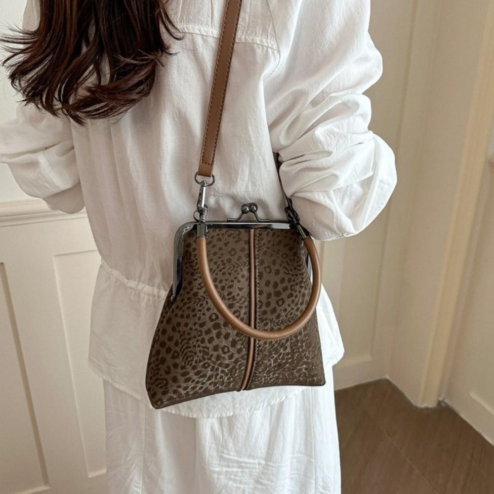 Large Capacity Kiss Lock Shoulder Bag Leopard Print Vintage Handbag Crossbody Bag Shopping