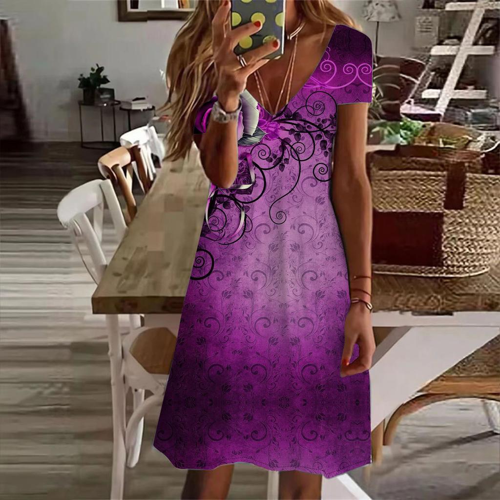 Summer Fashion Women's V Neck Short Sleeve Blue Rose Printed Dress Sex Dress