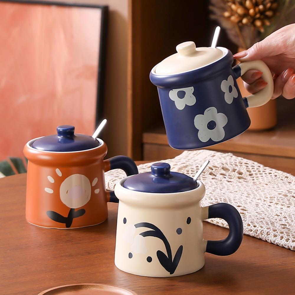 Japanese Creative Flower Ceramic Cup Retro Mug with Lid High Value Souvenir Coffee Cup Household Water Cup