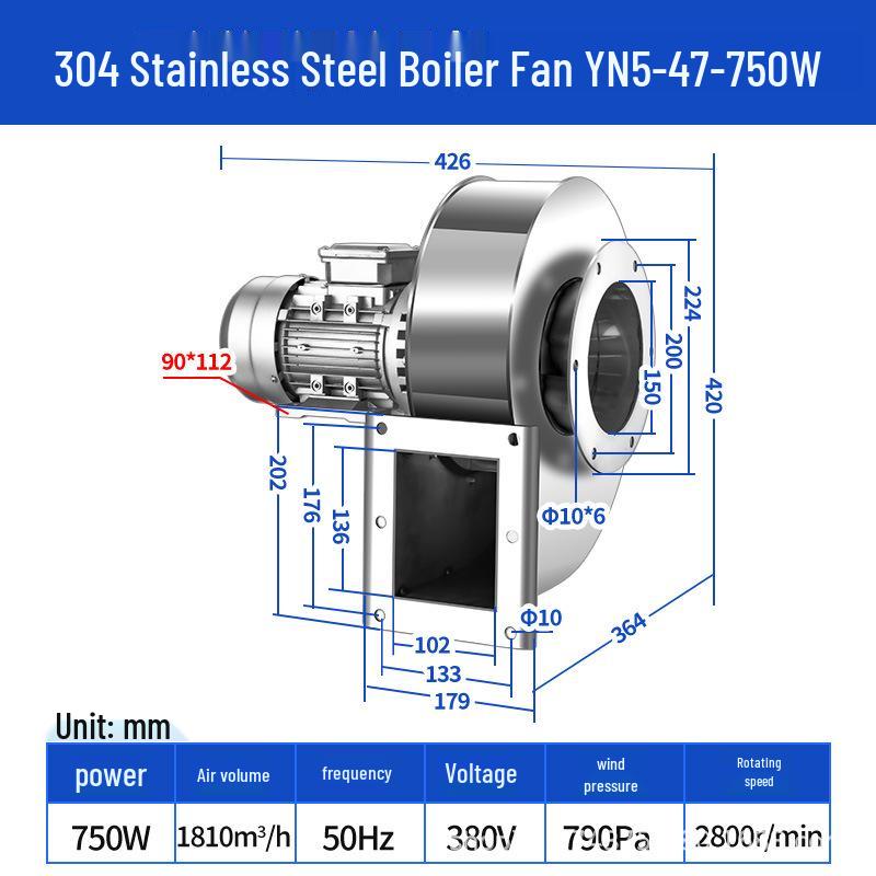 Stainless Steel YN5-47 High-Temp Induced Draft Boiler Fan, 220V/380V, Dust Removal & Exhaust Centrifugal Fan.