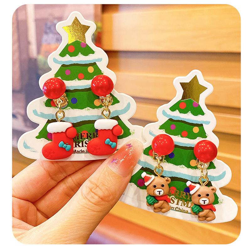 Рождественские детские серьги-клипсы без пирсинга, милые серьги с бахромой в виде оленя из мультфильма «Санта», серьги-подвески для девочек