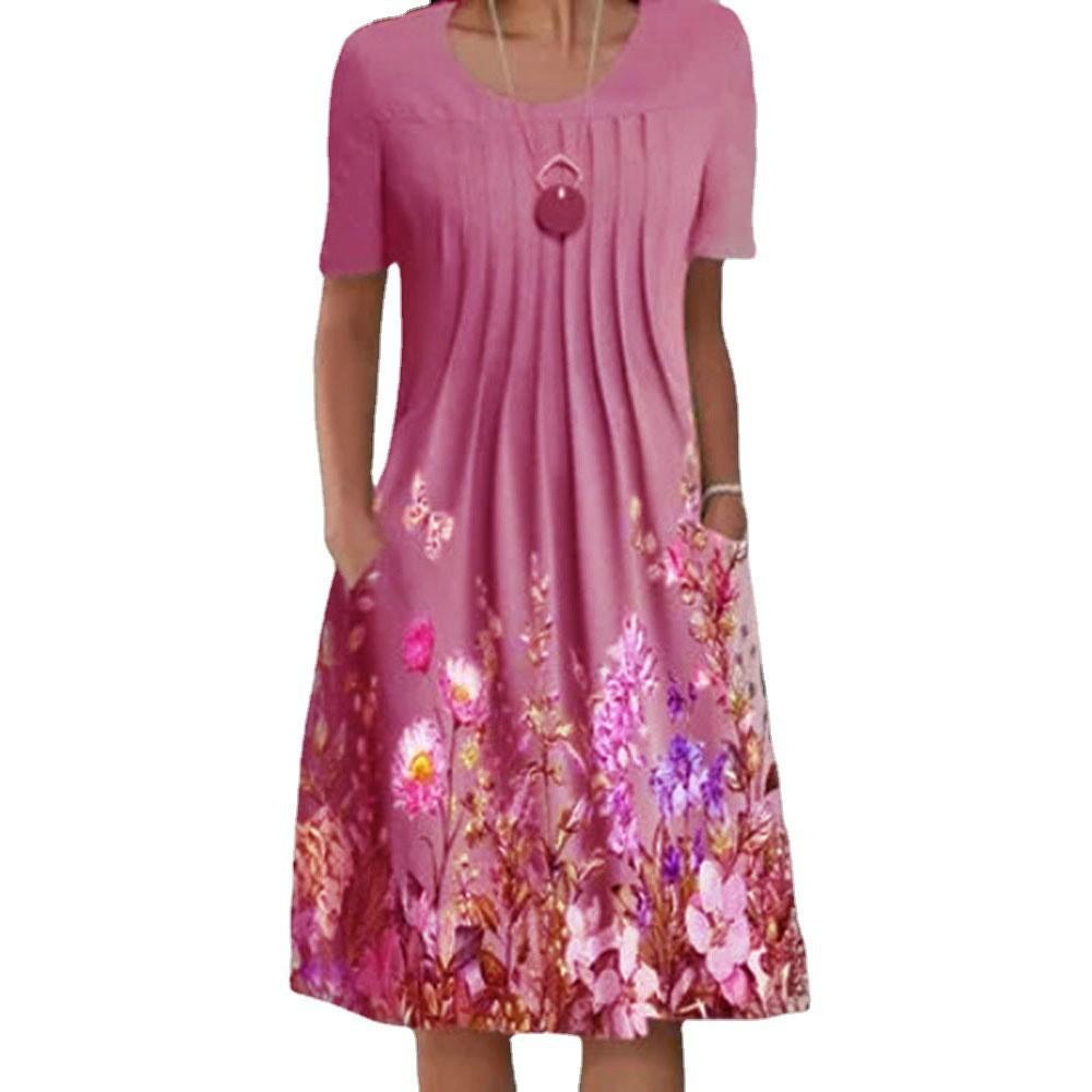 Женское платье с круглым вырезом и цветочным принтом, летние платья, платье миди с коротким рукавом