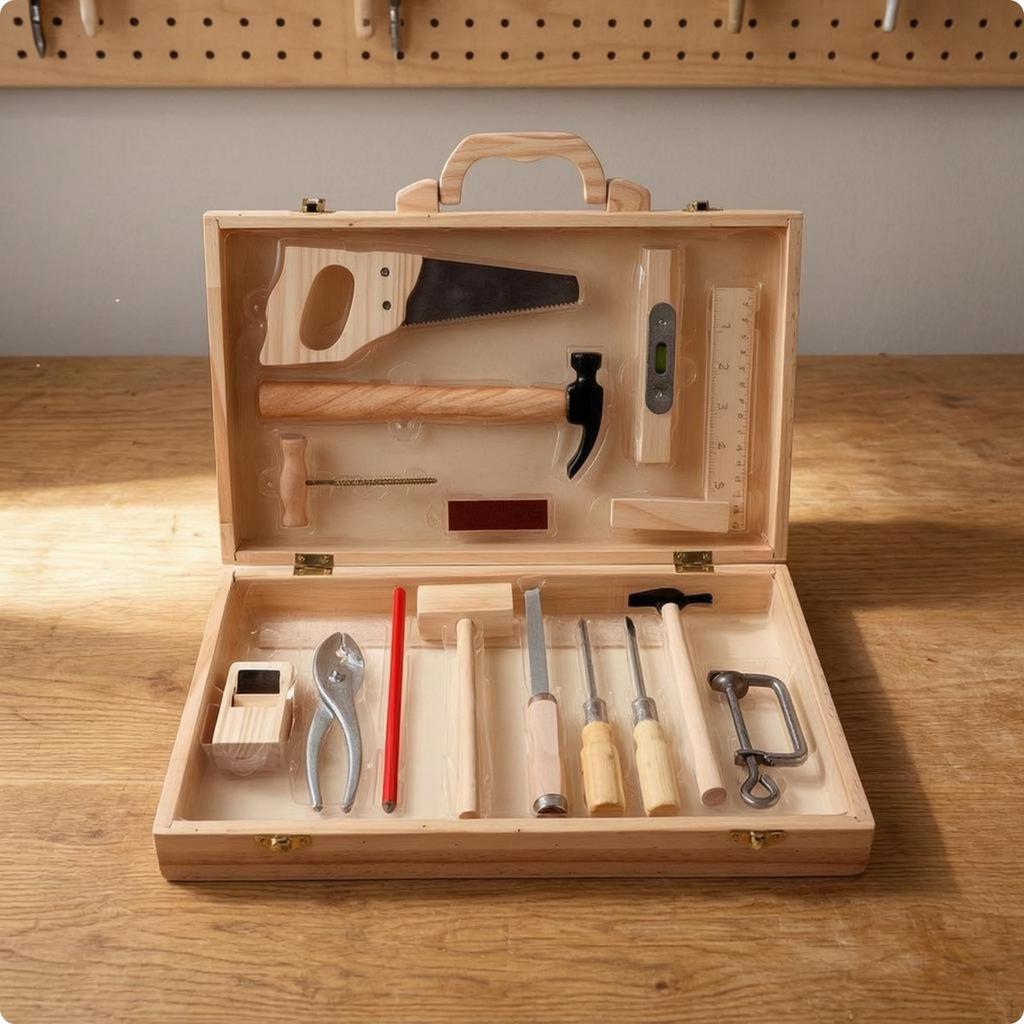 Carpentry Repair Toy Suitcase Style Wooden Wood Finish Set