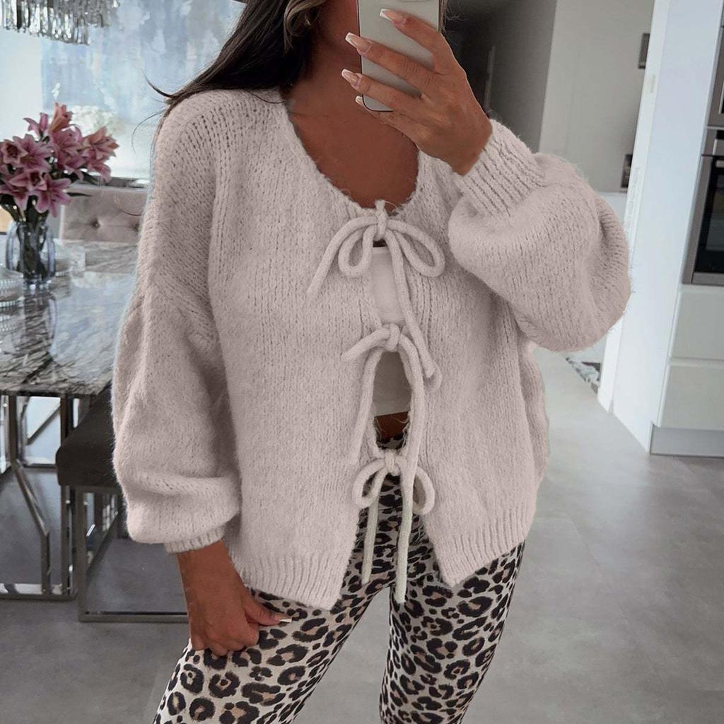 Women‘s Round Neck Long Sleeve Lace-Up Fitted Cardigan Coat