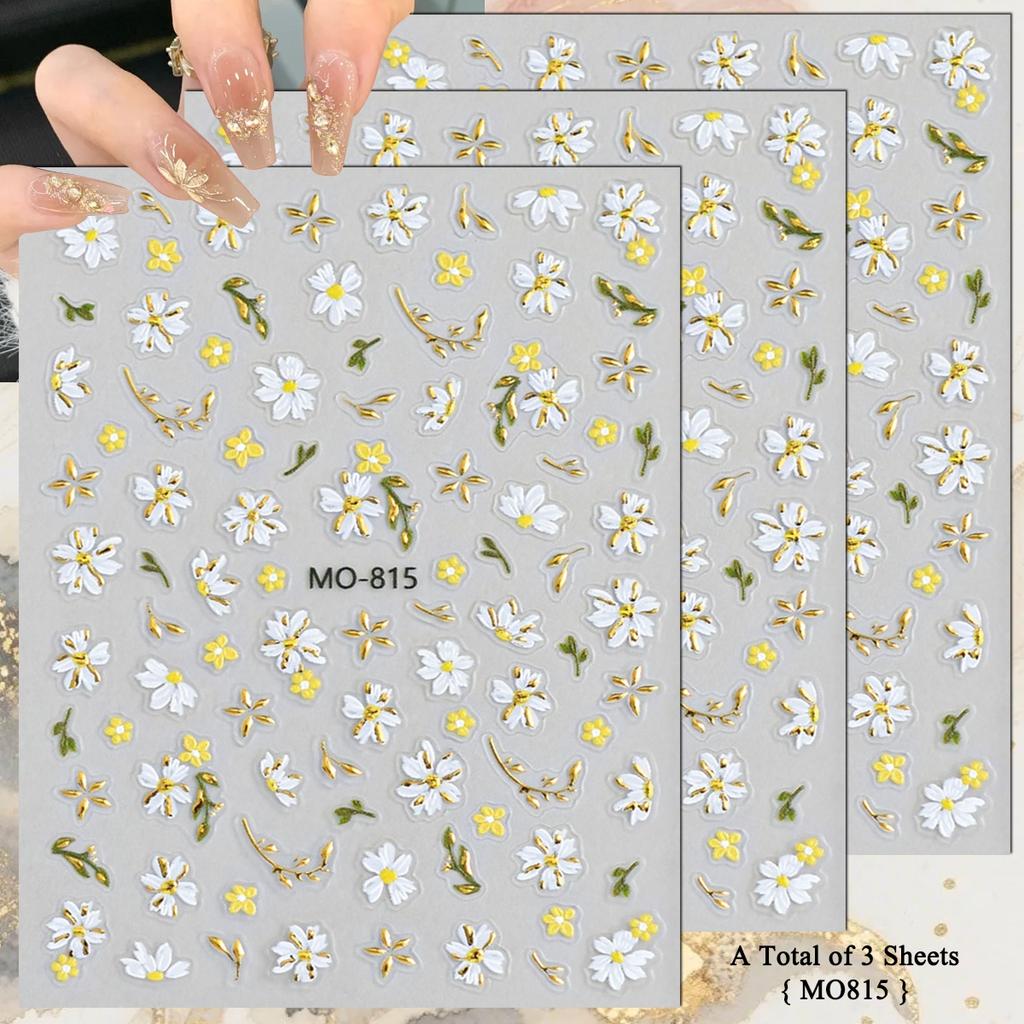 3 to 15 Sheets 5D Embossed Gold Outline Flower Nail Stickers Rose Daisy Spring Blossom Self-Adhesive Floral Decals
