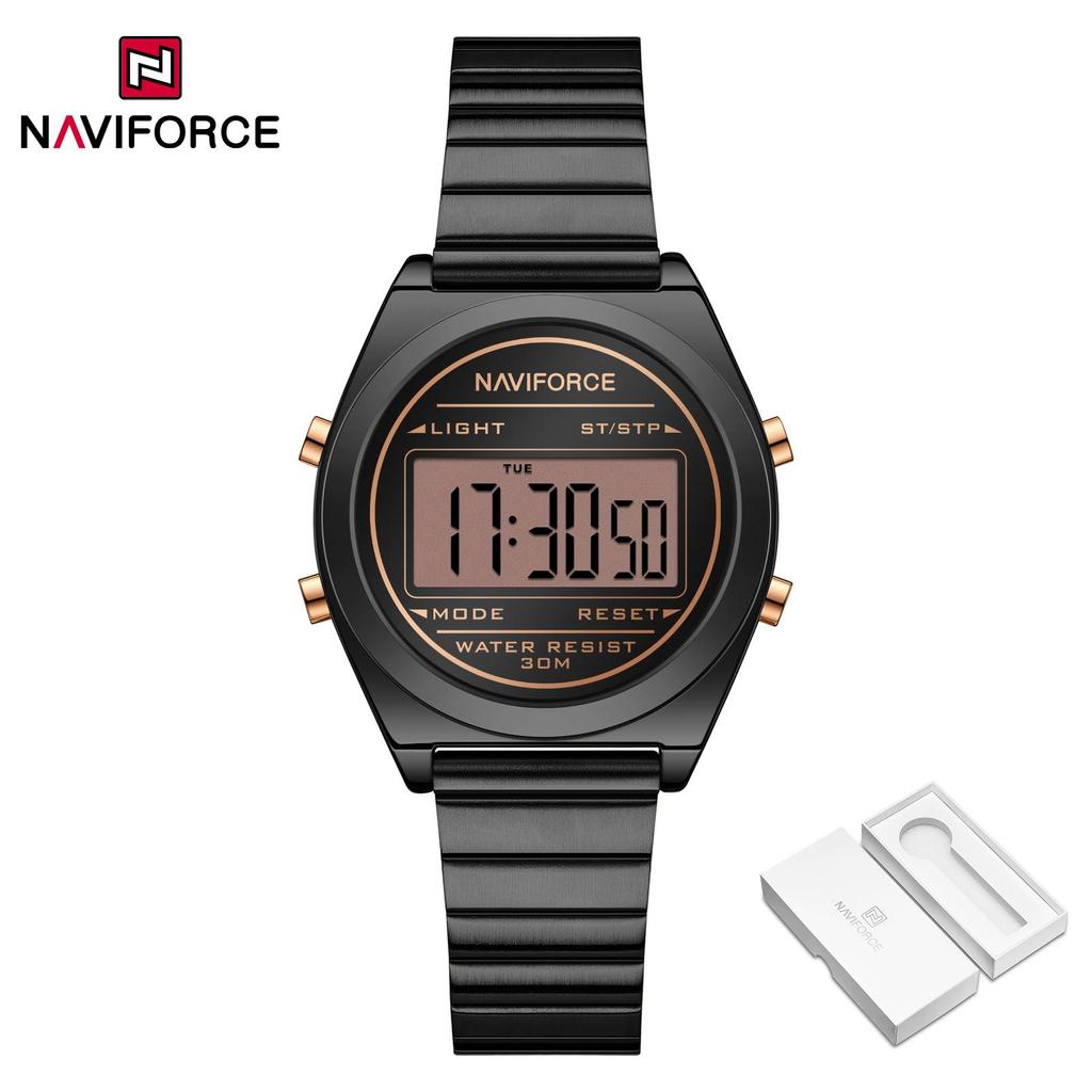 Naviforce Оригинальные женские цифровые часы Ремешок из нержавеющей стали Водонепроницаемый Календарь Хронограф Ночной узор Женские Девушки Повседневные Модные Часы NF5066