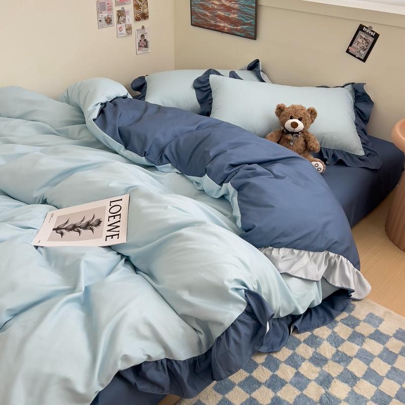 Ins Princess Bedding Set 2024 New Duvet Cover Fresh Blue Solid Color Floral Wrinkled Yann Bed Set Of Four Pieces Bed Sheets