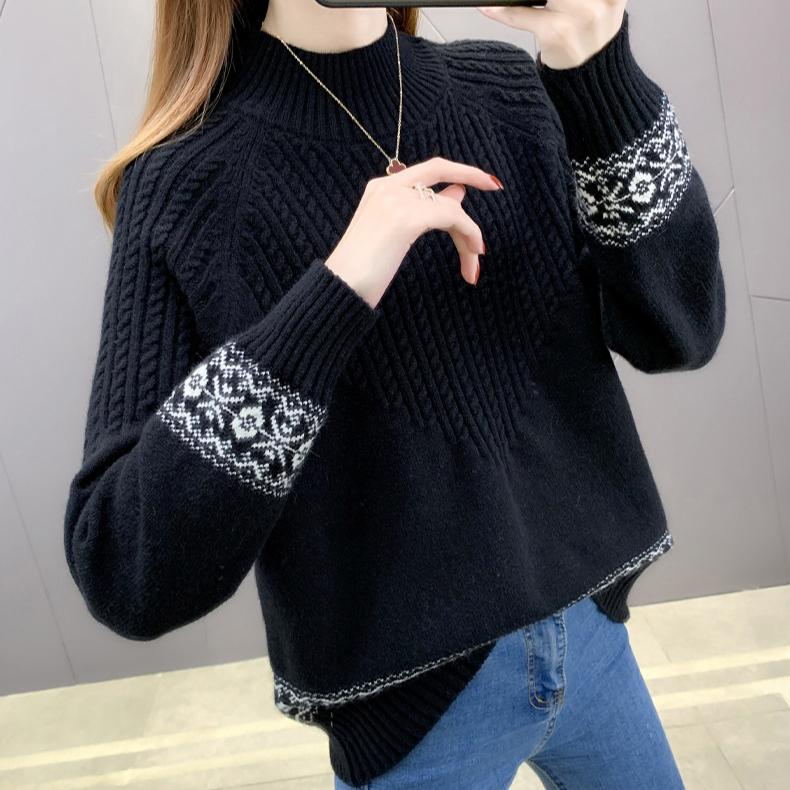 Осенне-зимний женский свитер с полувысоким воротником, свободный, толстый пуловер, вязаный топ, жаккардовый, эластичный вязаный топ, джемпер.