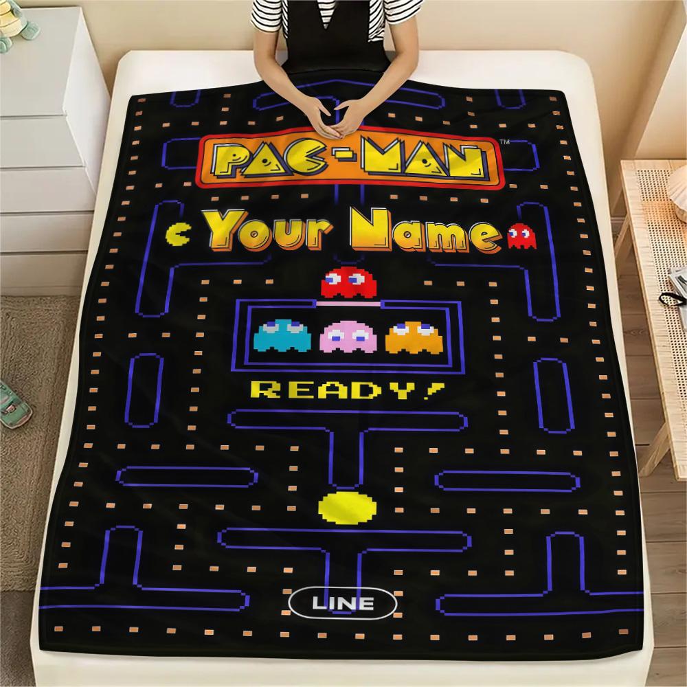 1PC Custom Name Pac-Man Patterned Flannel Blanket Suitable For All Seasons for Home Decor Warmth and Comfort Gifts Holiday Present -HE165