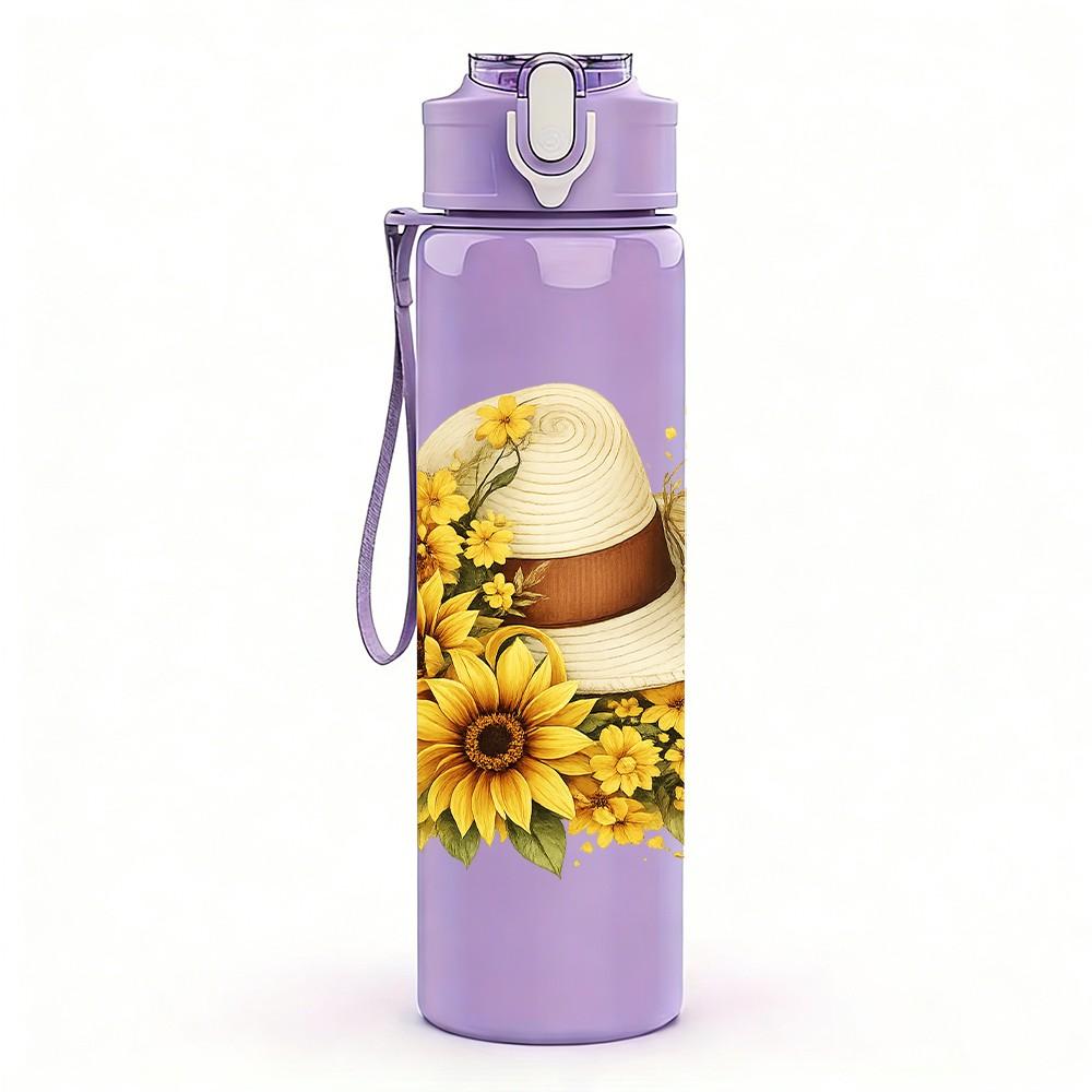 1PC Sunflower With Straw Hat Floral Print 750ml Color Plastic Sports Water Bottle Leakproof Flip Straw Lid Suitable for Sports Office Home Use