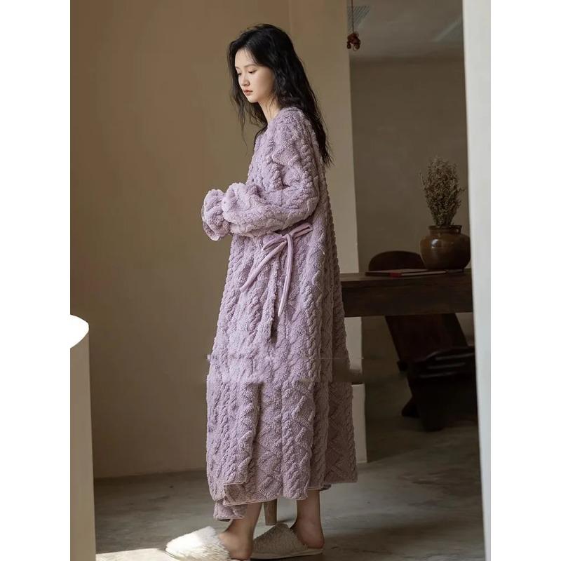 Korean Style Thick Warm Elegant Flannel Nightgowns Women Simple Gentle Tender Fluffy Heating Nightdress Winter Soft Sleepwear