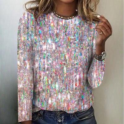 Женские топы осень-зима с мелким блестящим принтом, большой размер, с круглым вырезом, с длинным рукавом