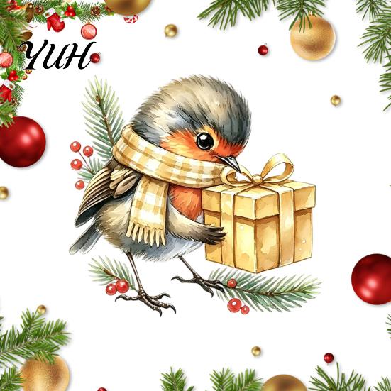 Festive Home Decor Christmas Bird Static Window Sticker, Cute Watercolor Glass Stickers with Pine Branch, PVC Waterproof Reusable Holiday Ornaments