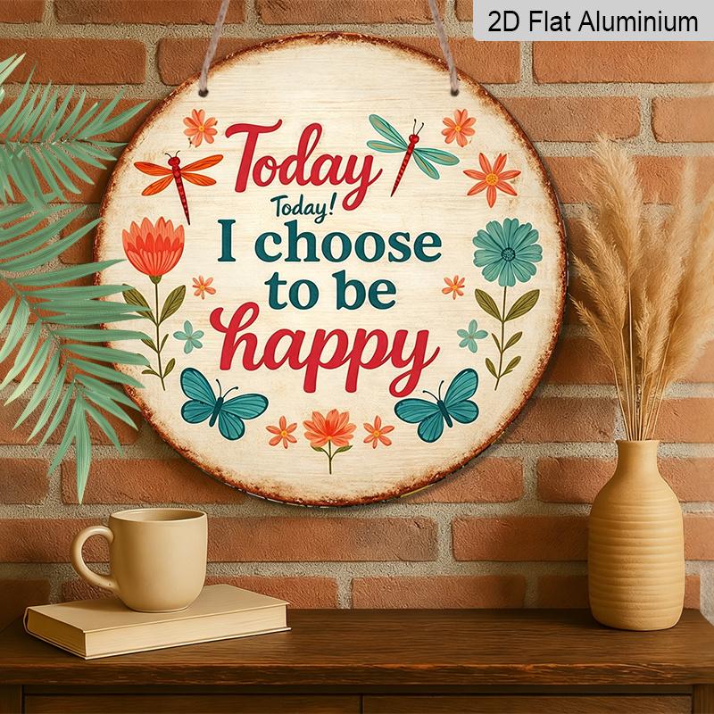 2D Flat, 1pc Round Aluminum Hanging Sign, "Today I Choose to Be Happy" Floral Butterfly Metal Wall Art, Vintage Inspirational Quote Decor, Perfect