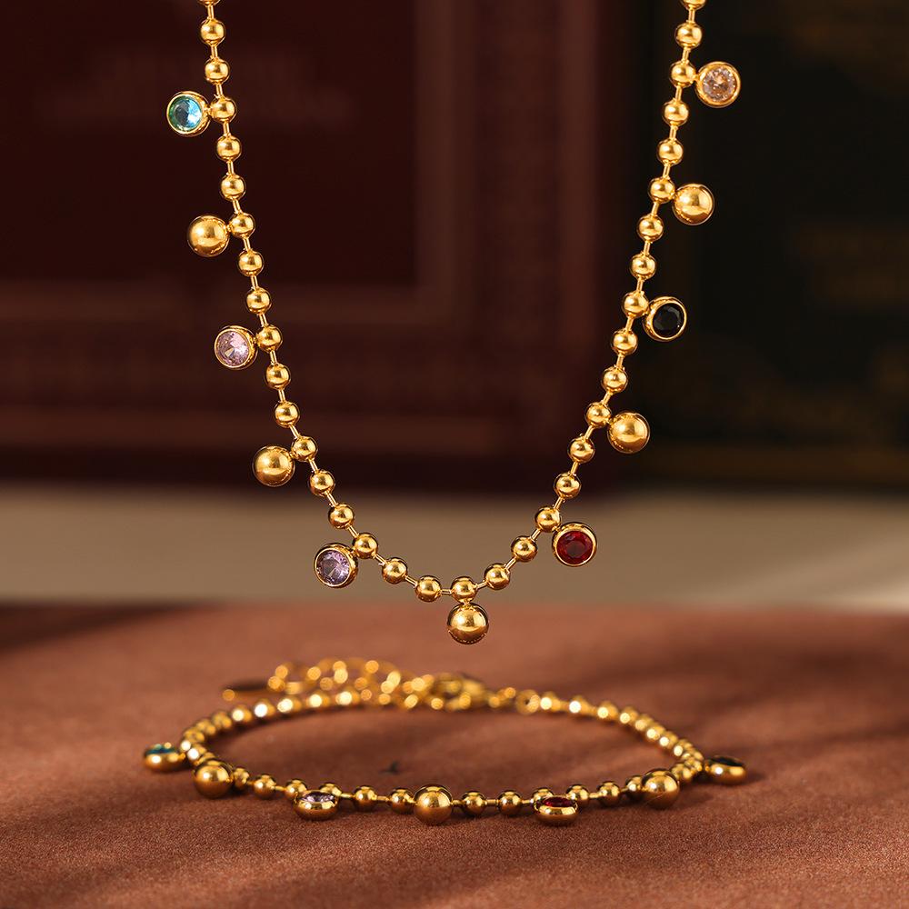 YF3946 Stainless Steel Waterproof Jewelry Set 18k Gold Plated Colored Glass Round Bead Necklace Women Non Tarnish Bracelet