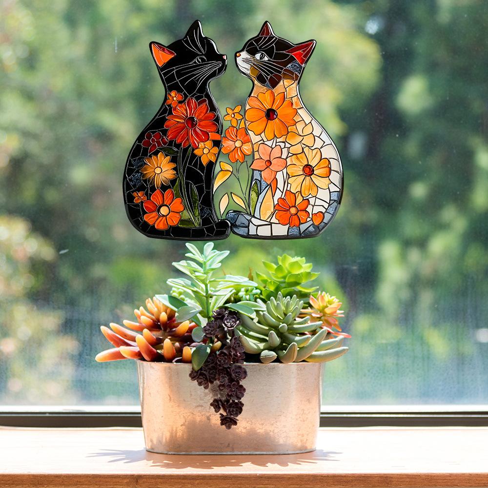 Мультяшная пара котят, цветок, балкон, стеклянное окно, украшение и декор, статические наклейки на окно