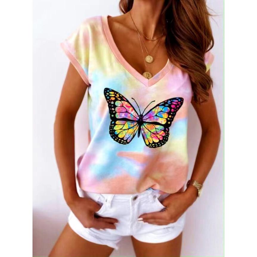 Summer V-neck 3D Butterfly Pattern Printed Top Fashionable Casual Short Sleeved Women's T-shirts