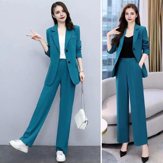 2 Pcs/Set Women Coat Pants Set Lapel Single Button Mid Length Cardigan Long Sleeve Jacket Wide Leg High Waist Straight Trousers Lady Formal