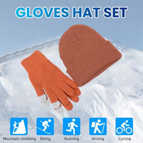 Winter Warm Knitted Gloves And Hat Set for Men And Women Soft Skull Cap And Touch Screen Gloves Set for Cold Weather