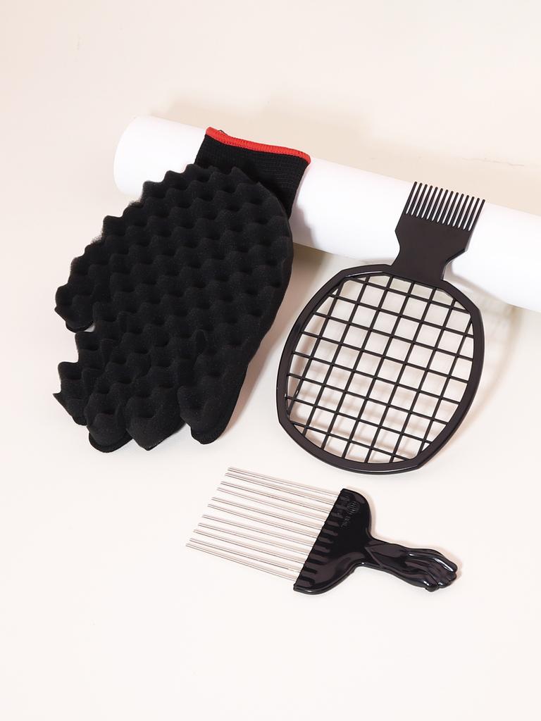 3-piece/set African Black Hairstyle Set Stainless Steel Needle Comb Hot Mesh Comb Black Sponge Gloves Special for Real Hair Wigs